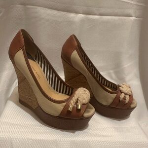 Gianni Bini Brown and Tan Cork Wedge Peep-Toe Shoes